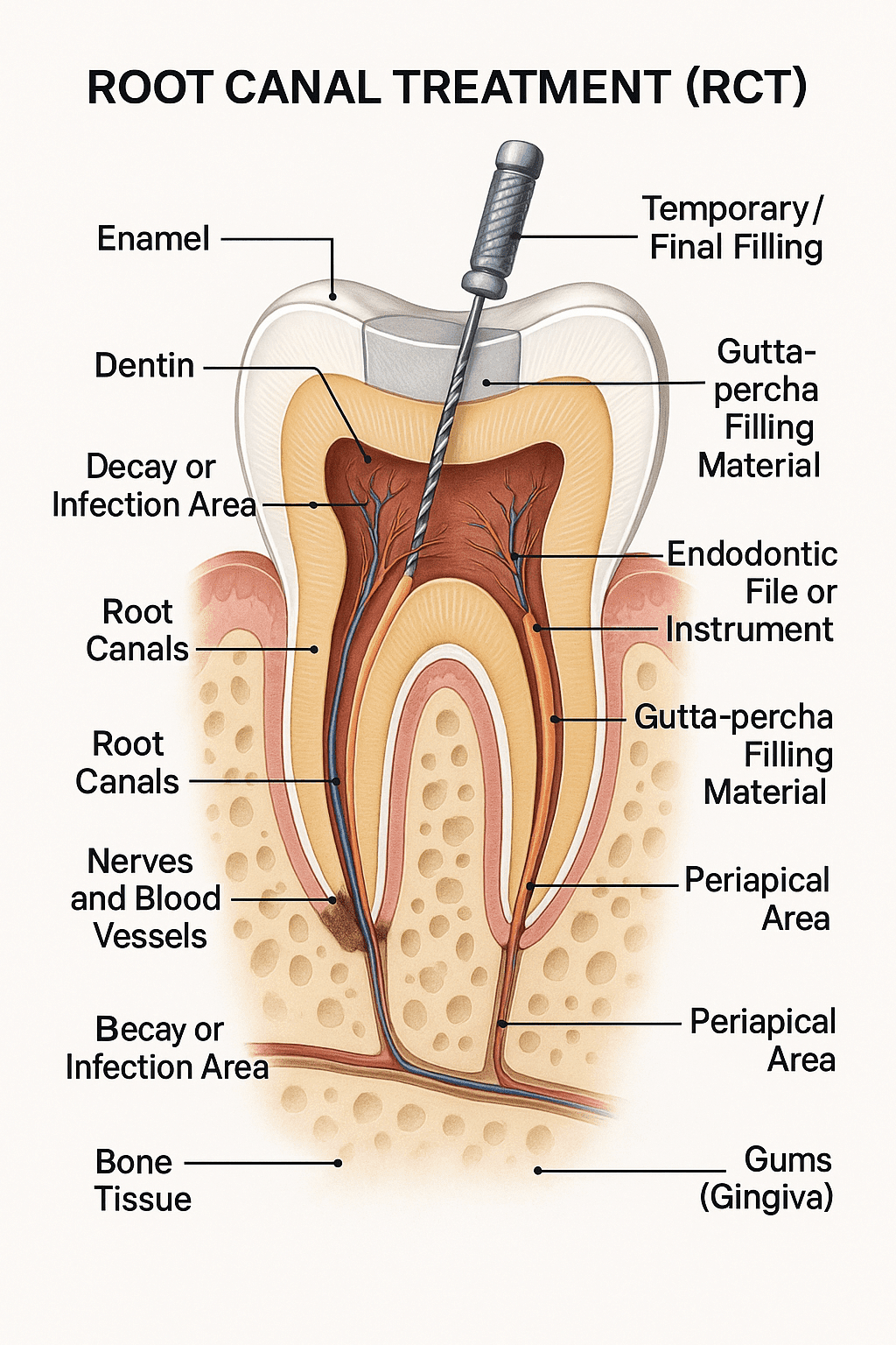 Cross-sectional Diagram of Root Canal Treatment (RCT) Medically accurate cross-sectional illustration of a human tooth undergoing Root Canal Treatment (RCT), showing labeled parts including enamel, dentin, pulp chamber, root canals, nerves, blood vessels, infection area, endodontic file, gutta-percha filling material, crown filling, periapical area, bone tissue, and gums.