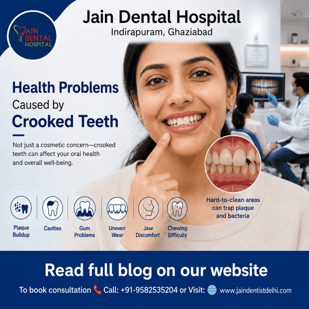 Health problems caused by crooked teeth, including plaque buildup, cavities, gum problems, uneven tooth wear, jaw discomfort, and chewing difficulty