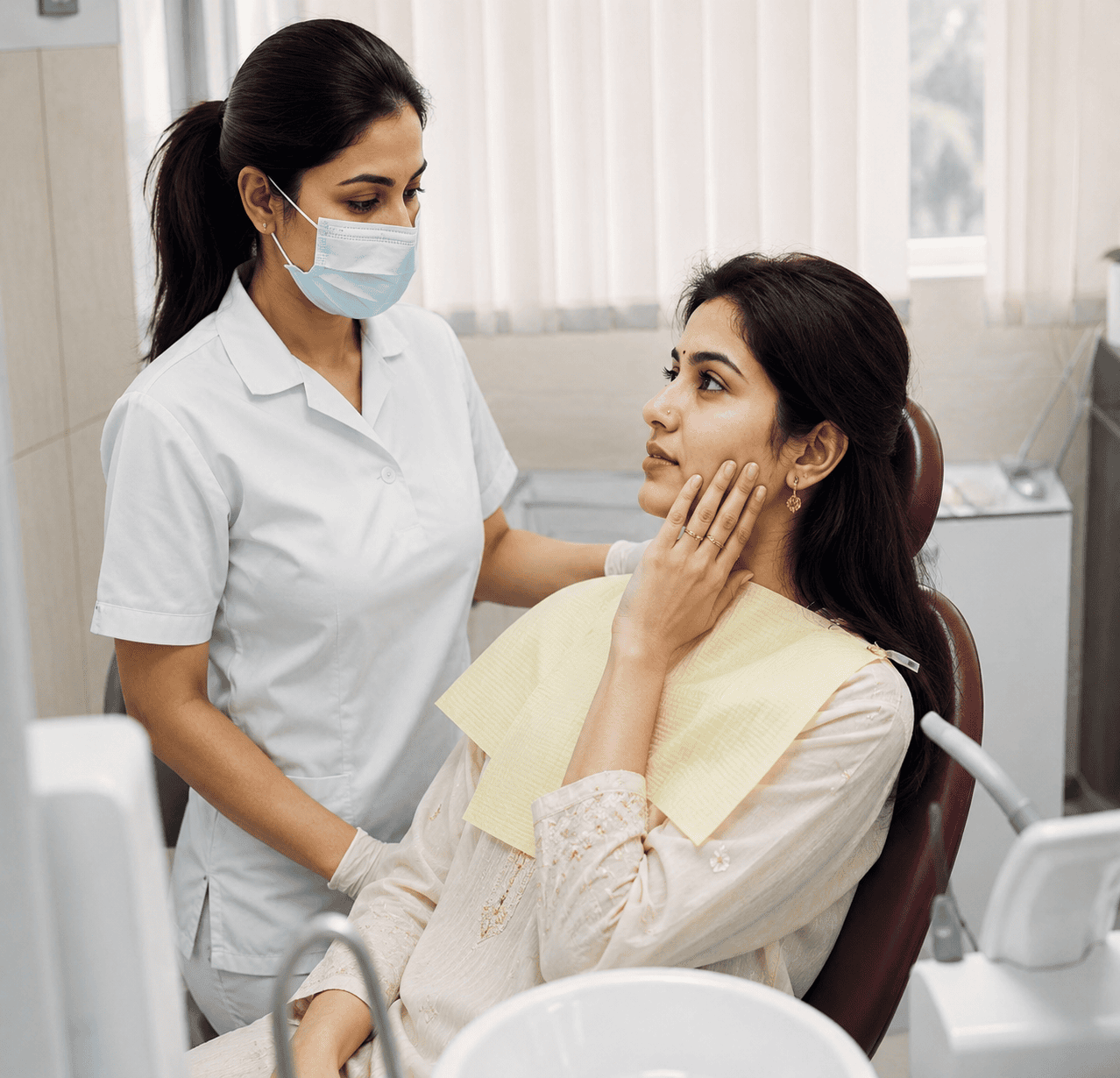 North Indian woman consulting a dentist in a dental clinic while holding her cheek