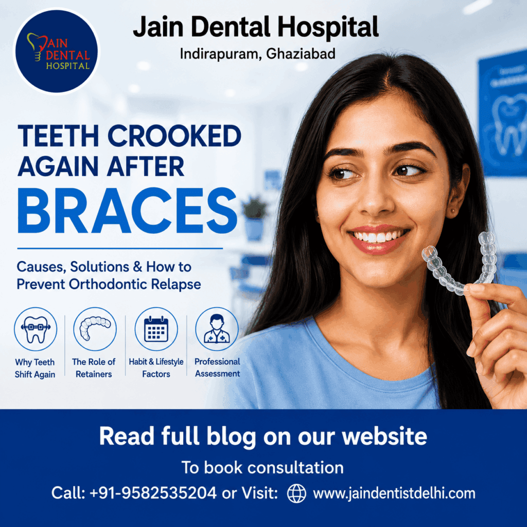 Jain Dental Hospital this image is about teeth crooked again after braces, showing a smiling woman holding a clear retainer and explaining orthodontic relapse, retainers, lifestyle factors, and professional assessment in Indirapuram, Ghaziabad.