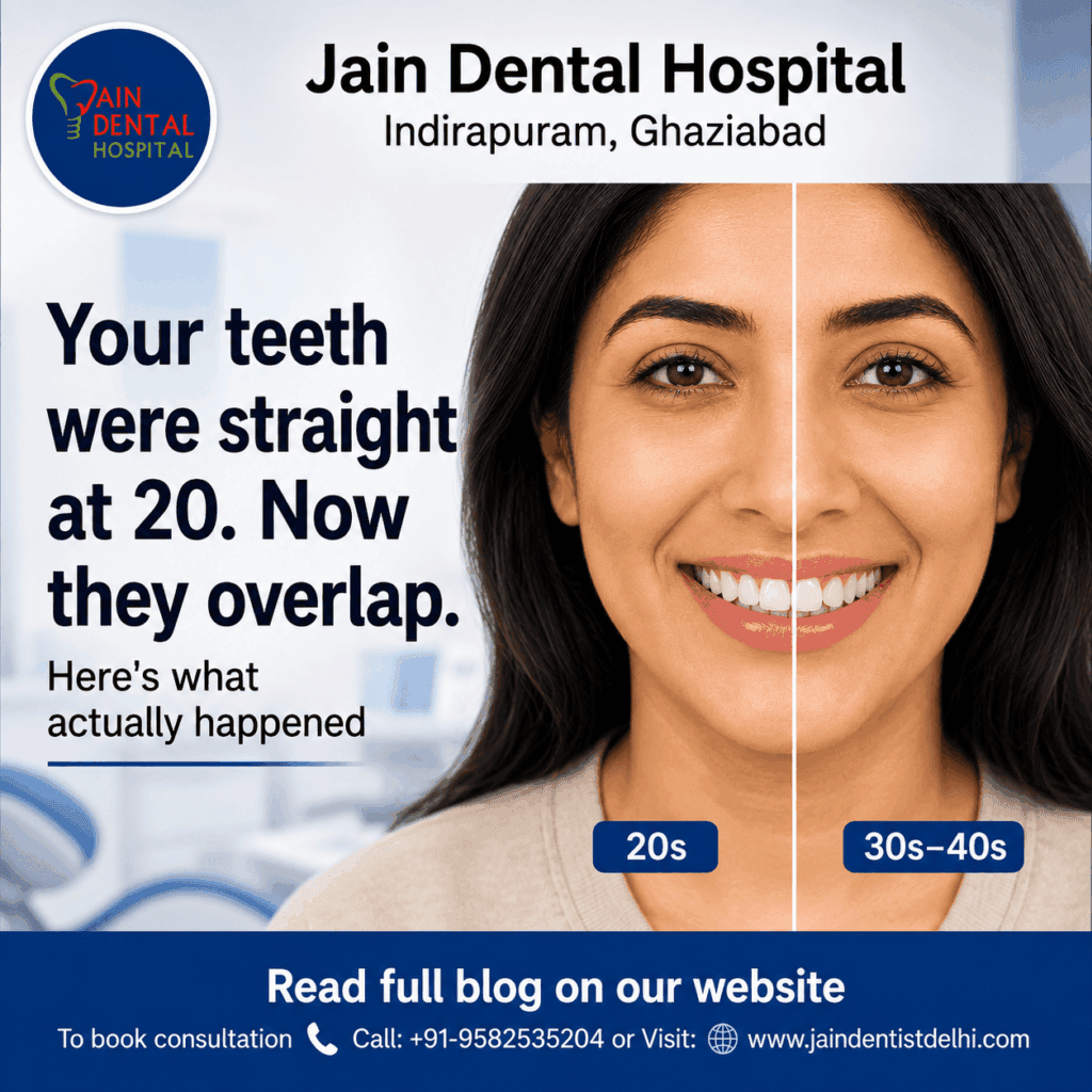 Jain Dental Hospital dental infographic showing a woman’s straight teeth in her 20s compared with overlapping teeth in her 30s–40s, illustrating how teeth can gradually shift and become crowded with age.