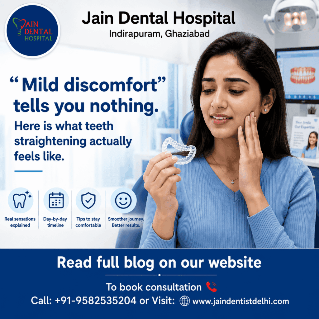 Jain Dental Hospital teeth straightening discomfort guide showing a woman examining a clear aligner, with information about mild discomfort, treatment sensations, comfort tips, and orthodontic consultation in Indirapuram, Ghaziabad.