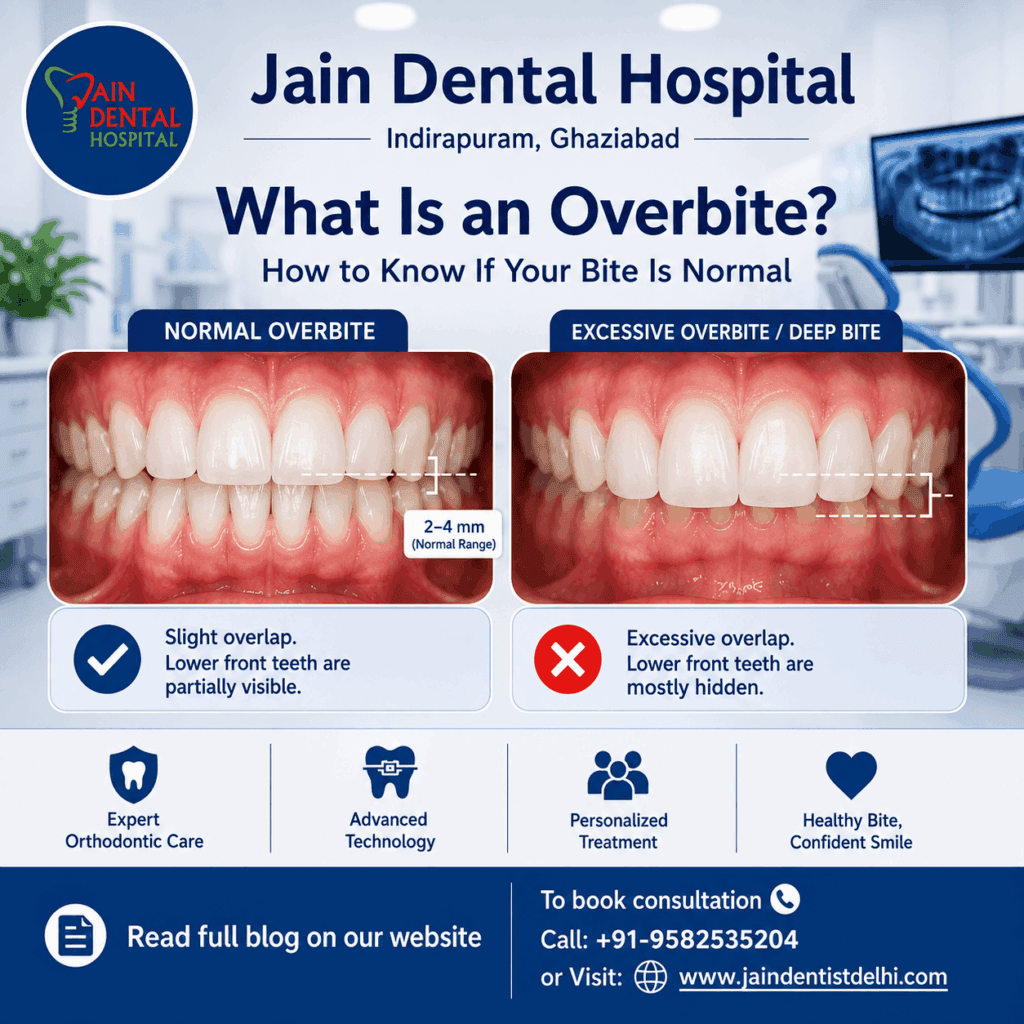 Normal overbite vs deep bite showing how much upper teeth overlap lower teeth