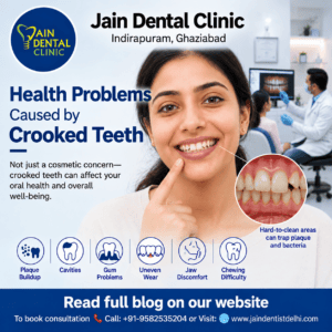 Health problems caused by crooked teeth, including plaque buildup, cavities, gum problems, uneven tooth wear, jaw discomfort, and chewing difficulty.