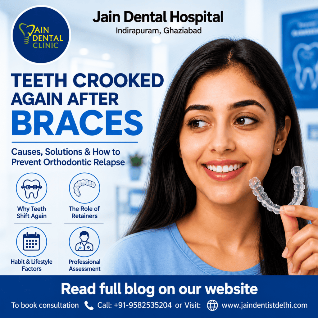 Jain Dental Hospital this image is about teeth crooked again after braces, showing a smiling woman holding a clear retainer and explaining orthodontic relapse, retainers, lifestyle factors, and professional assessment in Indirapuram, Ghaziabad.