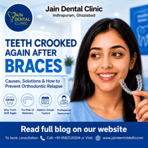 Jain Dental Hospital this image is about teeth crooked again after braces, showing a smiling woman holding a clear retainer and explaining orthodontic relapse, retainers, lifestyle factors, and professional assessment in Indirapuram, Ghaziabad.