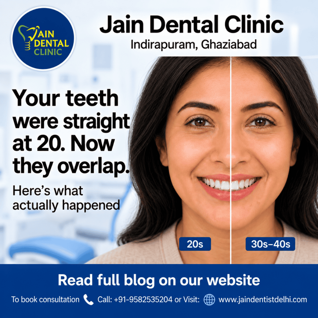 Showing a woman’s straight teeth in her 20s compared with overlapping teeth in her 30s–40s, illustrating how teeth can gradually shift and become crowded with age.