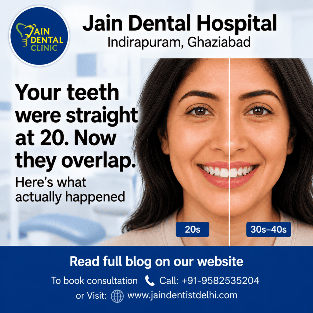 Jain Dental Hospital dental infographic showing a woman’s straight teeth in her 20s compared with overlapping teeth in her 30s–40s, illustrating how teeth can gradually shift and become crowded with age.