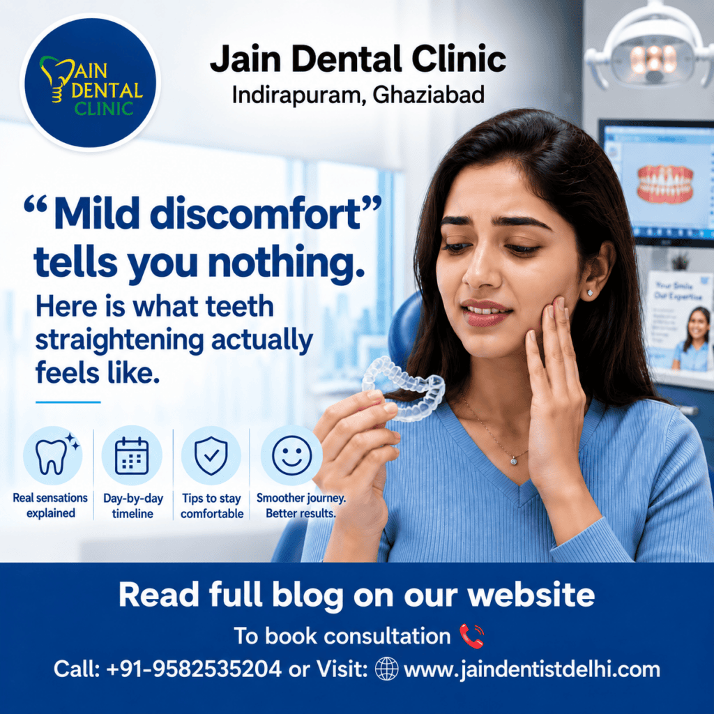 Teeth straightening discomfort guide showing a woman examining a clear aligner, with information about mild discomfort, treatment sensations, comfort tips, and orthodontic