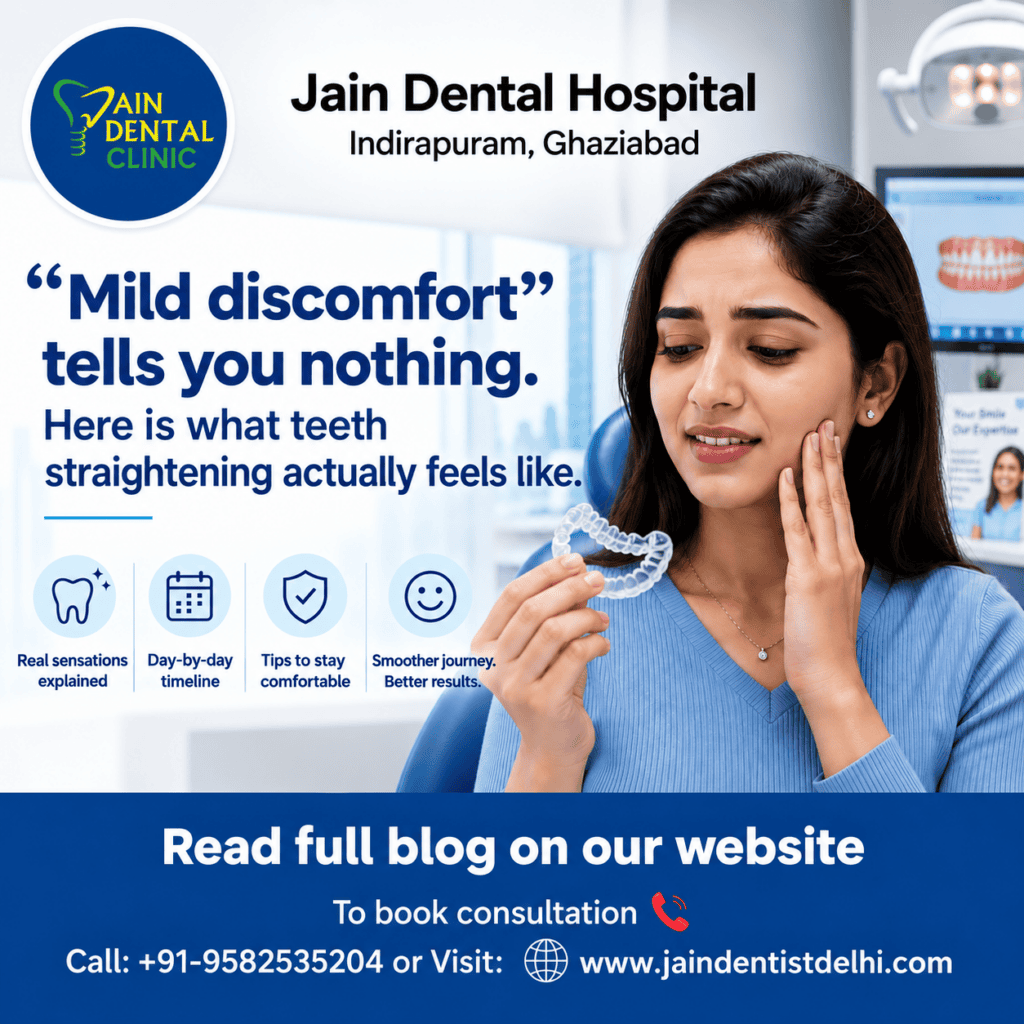 Jain Dental Hospital teeth straightening discomfort guide showing a woman examining a clear aligner, with information about mild discomfort, treatment sensations, comfort tips, and orthodontic consultation in Indirapuram, Ghaziabad.