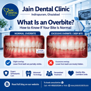 Normal overbite vs deep bite showing how much upper teeth overlap lower teeth