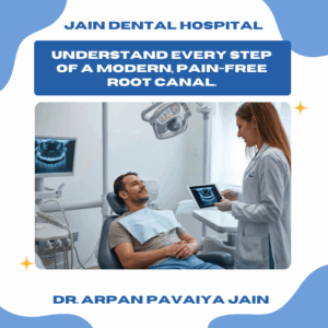 Dentist explaining the root canal treatment process to a calm patient in a modern dental clinic, representing pain-free and professional care.