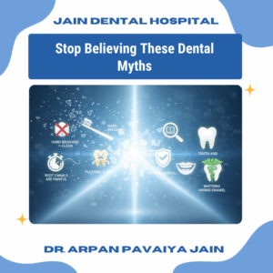 Illustration of common dental myths being shattered, featuring icons like hard brushing, flossing myths, whitening misconceptions, and root canal fears breaking apart on a bright blue background