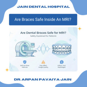 Infographic explaining whether dental braces are safe for MRI and how braces affect MRI image quality.