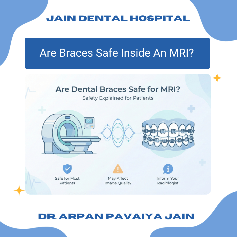 Infographic explaining whether dental braces are safe for MRI and how braces affect MRI image quality.