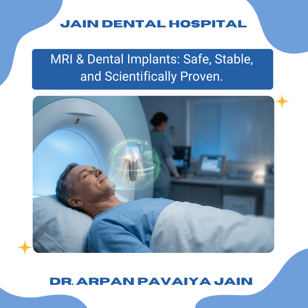 Patient undergoing MRI scan with dental implant illustration showing titanium implant safety.