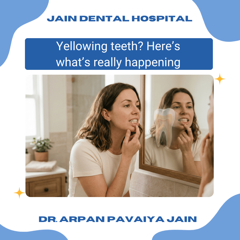Indian adult looking at slightly yellow teeth in mirror, explaining why teeth turn yellow over time