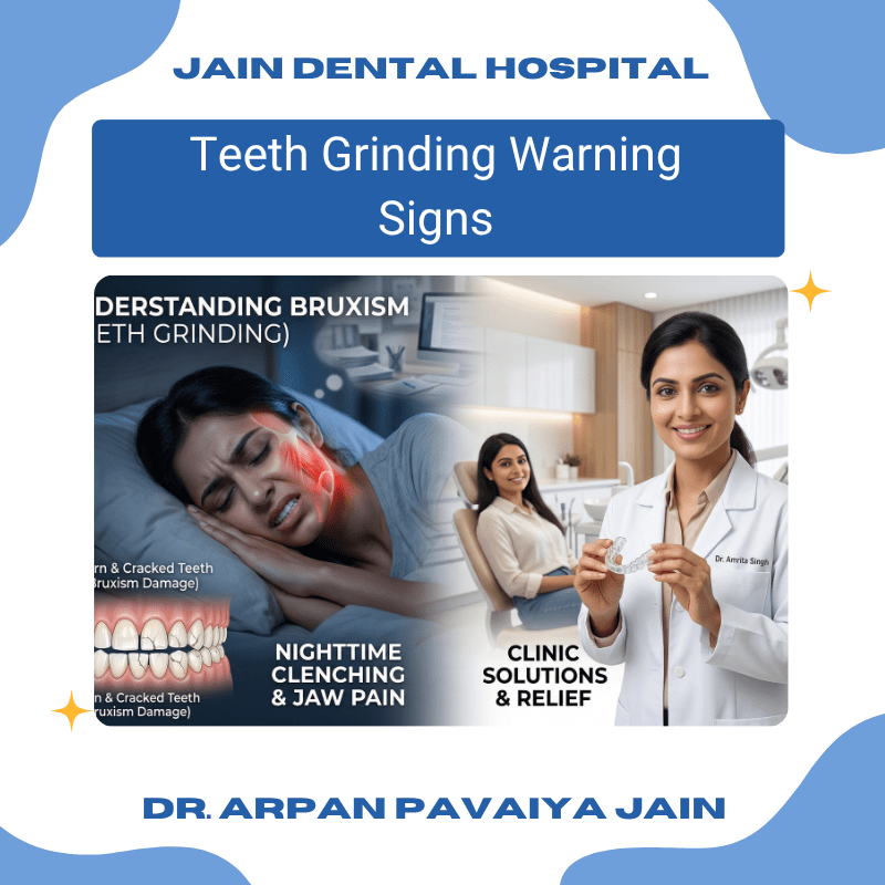 Illustration showing teeth grinding (bruxism) with jaw tension and worn teeth highlighting symptoms and causes