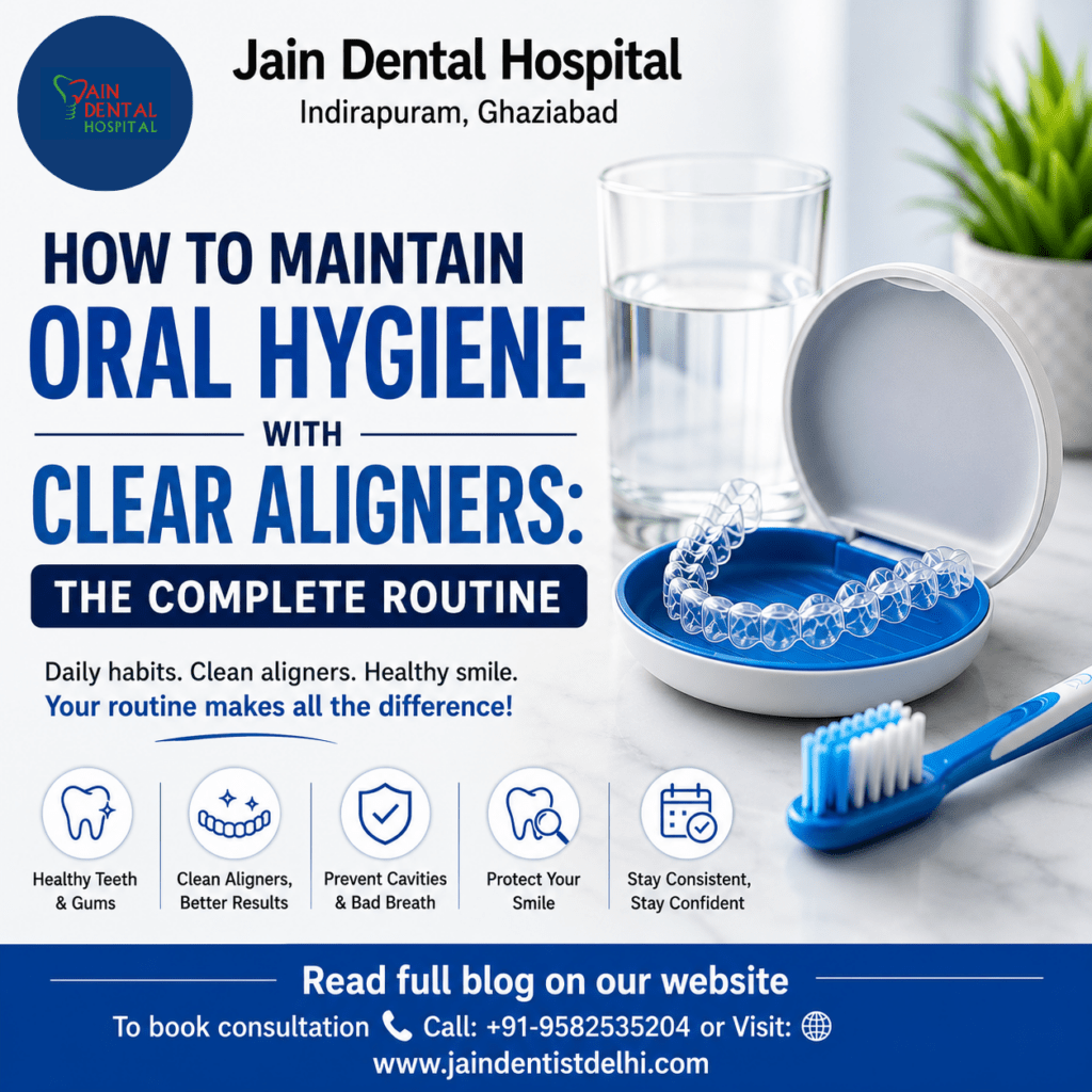 Clear aligner oral hygiene routine guide by Jain Dental Hospital showing aligner cleaning, brushing, flossing, and oral care tips for invisible aligner users in Ghaziabad Delhi NCR.