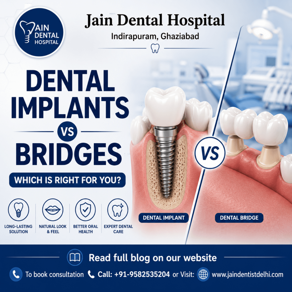 Dental implants vs dental bridges comparison graphic by Jain Dental Hospital Indirapuram Ghaziabad showing tooth replacement options for missing teeth patients in Delhi NCR.