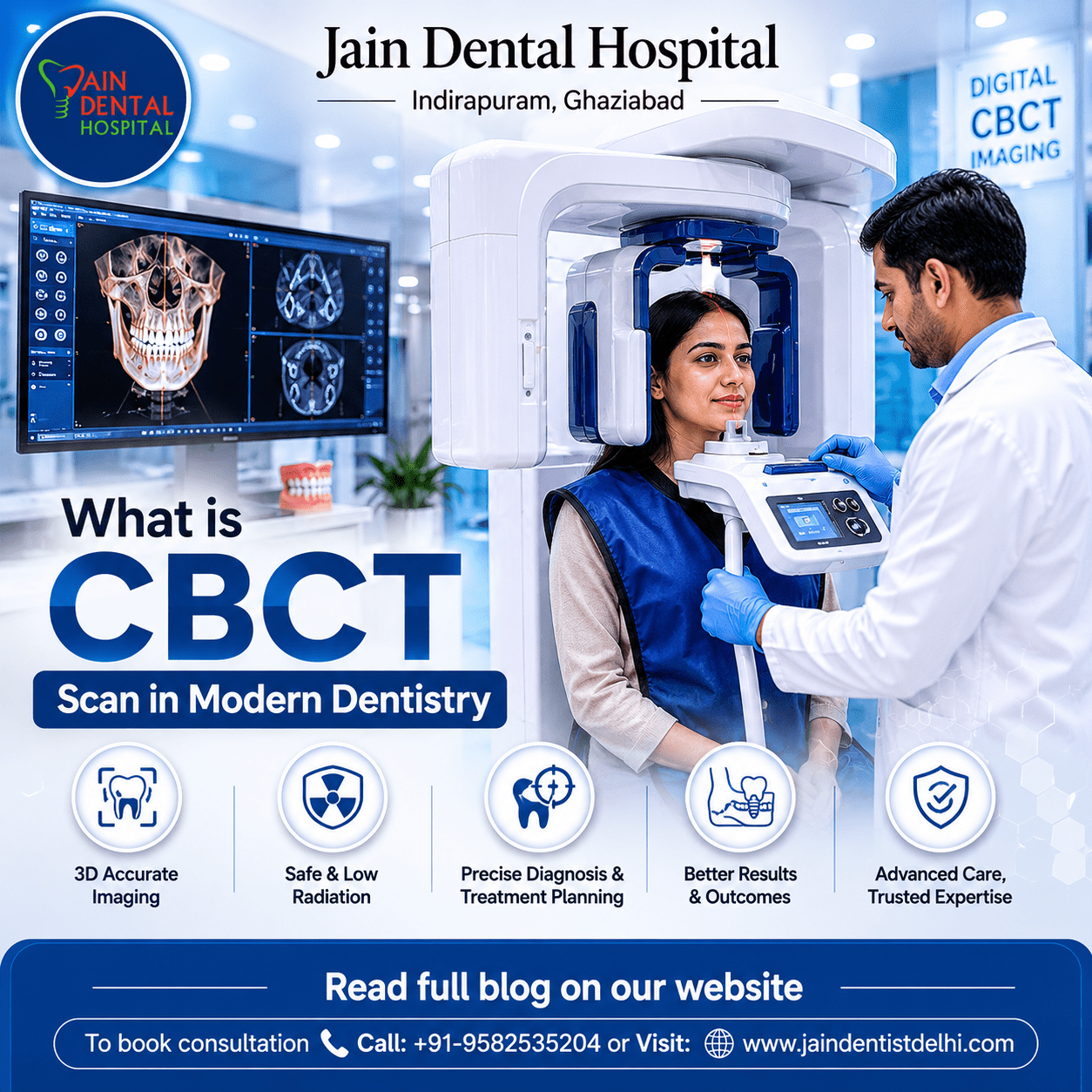 Dentist conducting a CBCT scan on a patient using a 3D dental imaging machine in a dental clinic