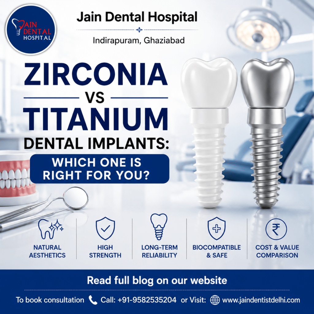 Zirconia vs titanium dental implants comparison infographic by Jain Dental Hospital Indirapuram Ghaziabad showing aesthetic, durability, safety, and cost differences between dental implant materials