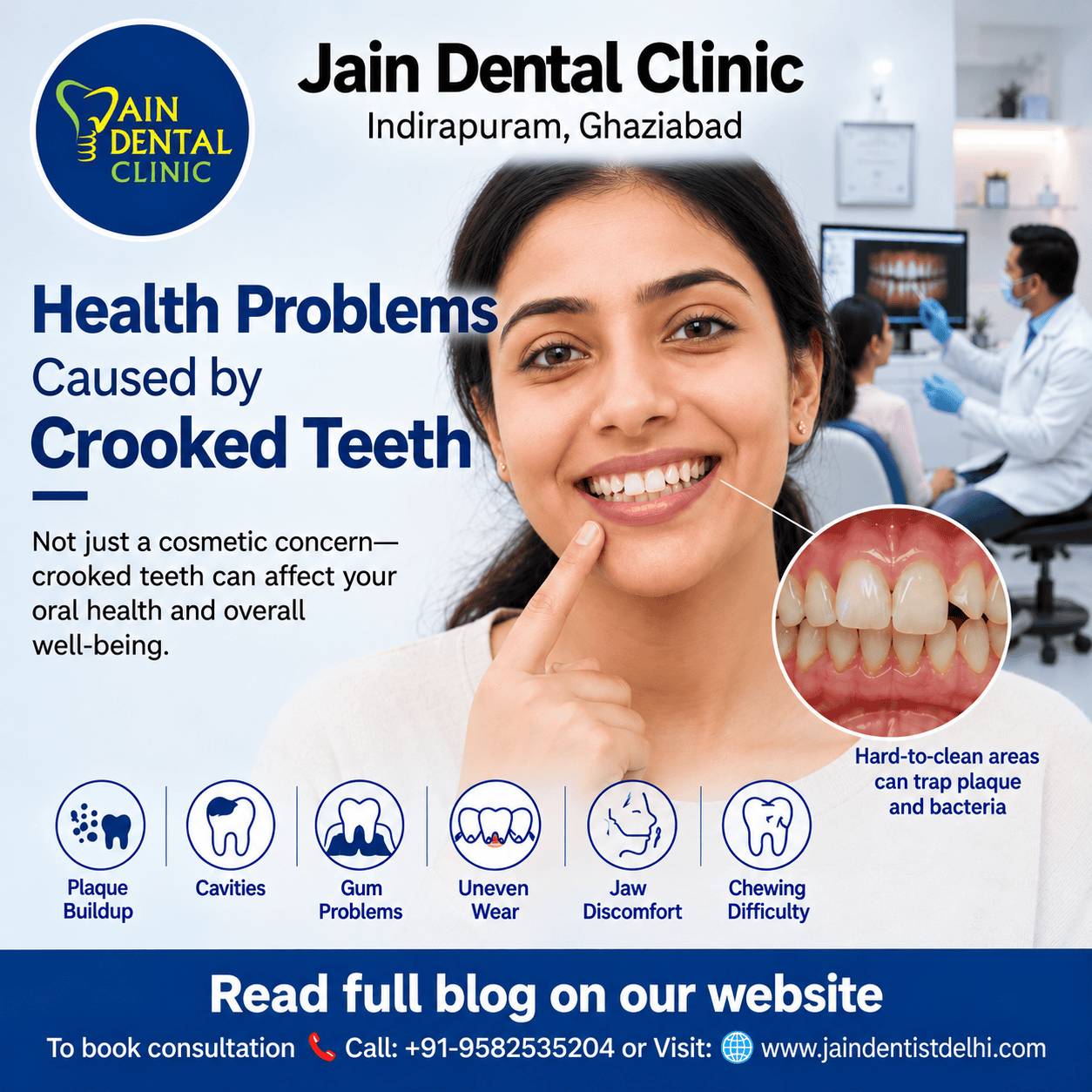 Health problems caused by crooked teeth, including plaque buildup, cavities, gum problems, uneven tooth wear, jaw discomfort, and chewing difficulty.
