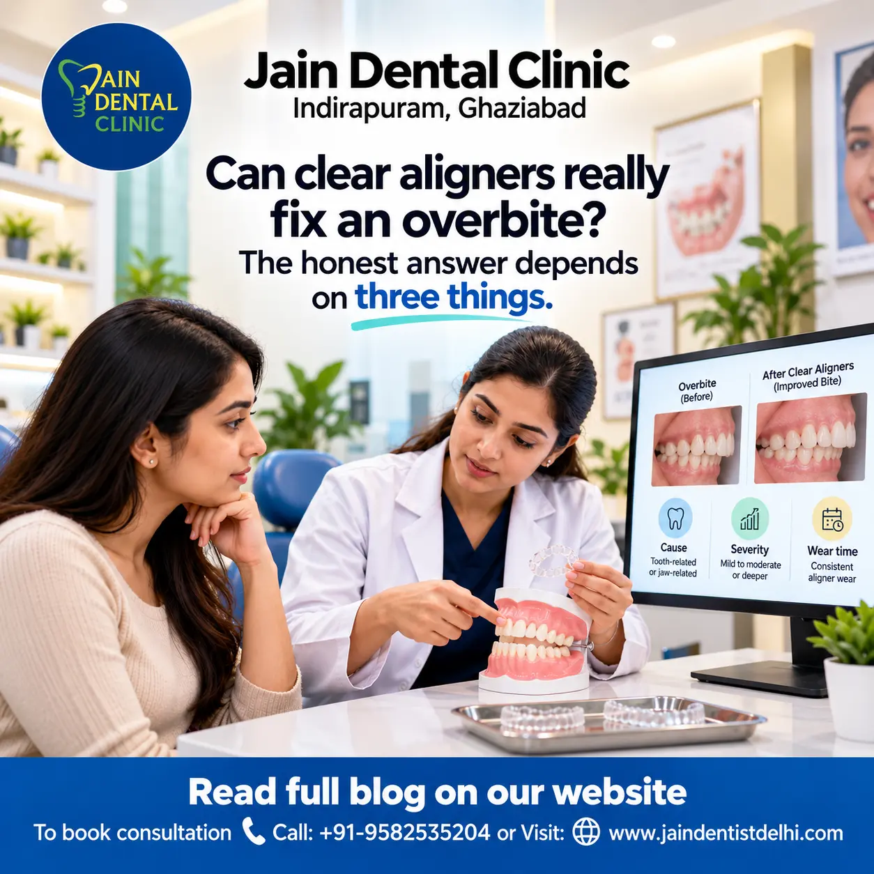 Dentist explaining how clear aligners can correct an overbite to a patient