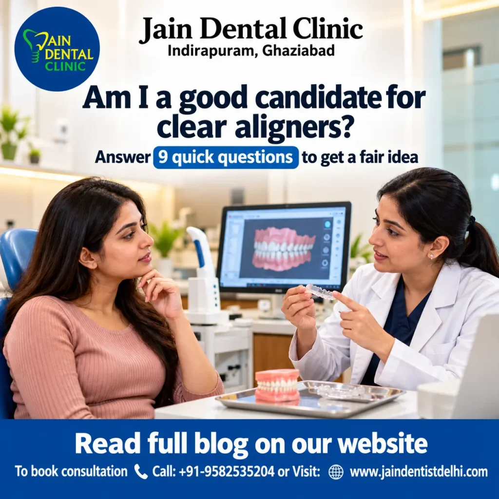 Clear aligner suitability consultation between a dentist and patient at Jain Dental Clinic in Indirapuram, Ghaziabad