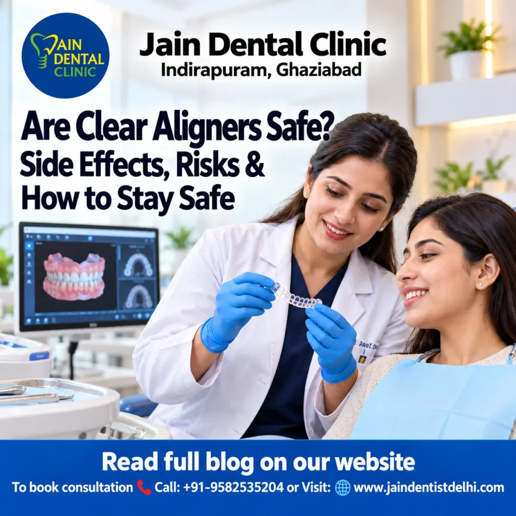 Dentist examining a clear aligner with a patient at Jain Dental Clinic in Indirapuram, Ghaziabad
