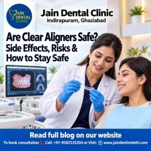 Dentist examining a clear aligner with a patient at Jain Dental Clinic in Indirapuram, Ghaziabad