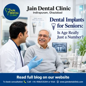 Dental implants for seniors at Jain Dental Clinic in Indirapuram, Ghaziabad, with a dentist consulting an elderly patient.
