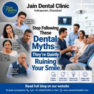 Jain Dental Clinic banner highlighting common dental myths, oral health concerns, and the importance of professional dental care in Indirapuram, Ghaziabad.