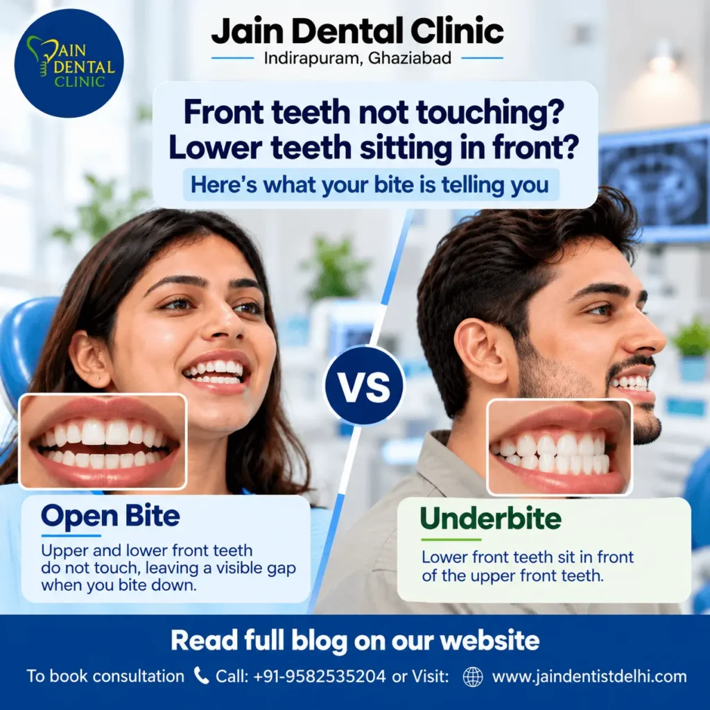 Open bite vs underbite comparison from Jain Dental Clinic: a gap between the front teeth vs lower teeth sitting in front