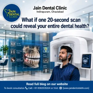 OPG dental X-ray and CBCT scan showing full jaw structure, tooth roots, impacted wisdom teeth, and bone density analysis at Jain Dental Clinic in Indirapuram, Ghaziabad.